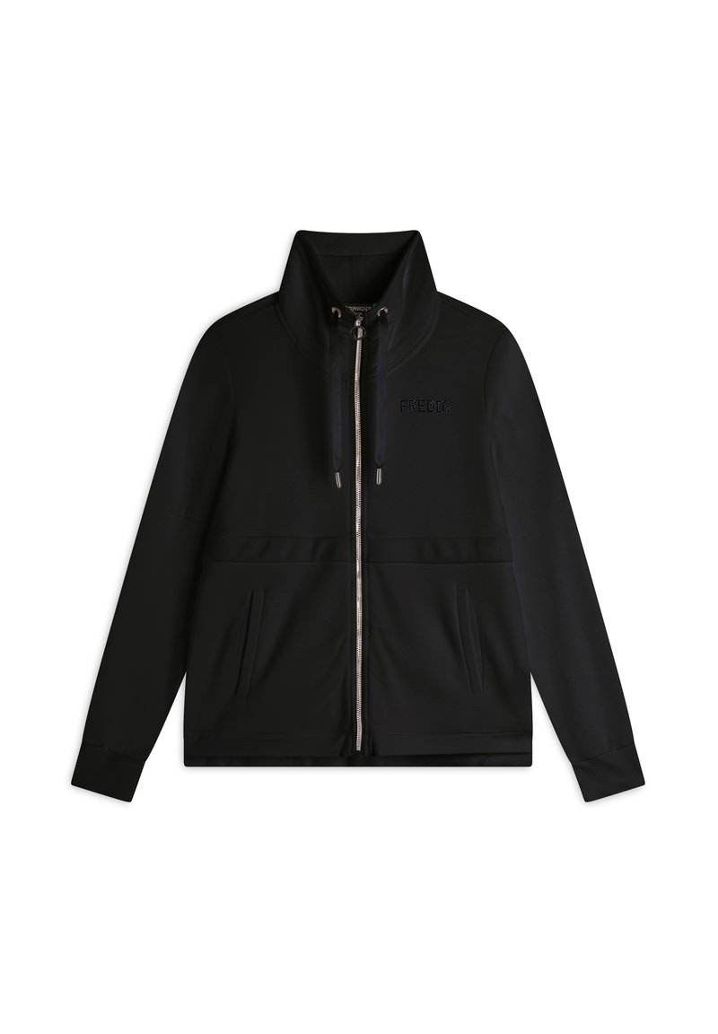 Veste zippée noire avec col haut, fabriquée en tissu doux. Munie de deux poches avant, d'un logo ton sur ton et de poignets élastiques. Texture lisse.