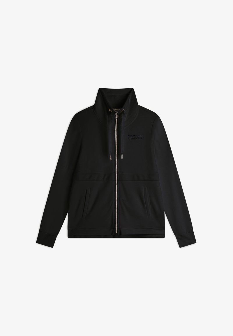 Giacca nera con zip e colletto alto, realizzata in tessuto morbido. Presenta due tasche frontali, un logo tono su tono e polsini elasticizzati. Texture liscia.