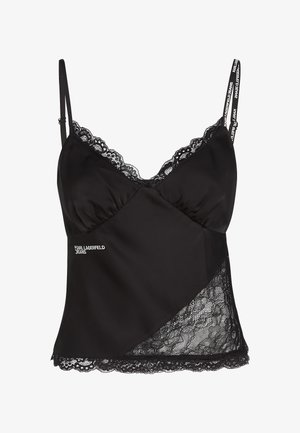 Czarna satynowa koszulka na ramiączkach z koronkowym wykończeniem, regulowanymi ramiączkami i logo po bokach. Projekt zawiera geometryczny panel koronkowy na dole.