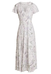Floral paisley maxi dress in light pastel colors, featuring short sleeves, a V-neckline, and a flowing skirt with subtle detailing.