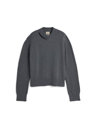 Gray cropped sweater with a ribbed neckline and cuffs, featuring long sleeves and a smooth, soft texture. No patterns or accents.