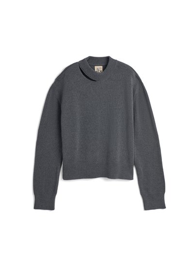 Grijze cropped sweater met een ribgebreide halslijn en mouwen, met lange mouwen en een gladde, zachte textuur. Geen patronen of accenten.