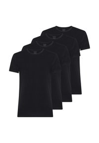 Quattro t-shirt nere a maniche corte con collo rotondo, realizzate in morbido cotone. Design semplice. Ogni maglietta è mostrata affiancata nell'immagine.