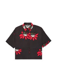 Μαύρο κοντομάνικο πουκάμισο με μεγάλα κόκκινα λουλούδια που έχουν τυπωμένα υπνηλικά μάτια στο εμπρόσθιο μέρος, γιακά, μανίκια και τσέπες.