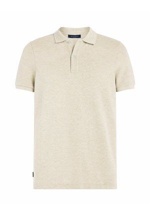 Beiges Polohemd mit kurzen Ärmeln, klassischem Kragen, zwei Knöpfen und subtiler Textur. Es verfügt über ein kleines Logoschild am Saum.