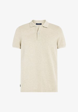 Beiges Polohemd mit kurzen Ärmeln, klassischem Kragen, zwei Knöpfen und subtiler Textur. Es verfügt über ein kleines Logoschild am Saum.