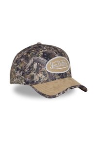 Baseball cap with woodland camouflage pattern and tan suede curved brim, featuring an oval patch with "Von Dutch" logo on the front.