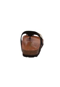 Czarny sandał z korkową podeszwą, z brązowym wkładką, regulowanym paskiem z metalowym zapięciem i gładką powierzchnią. Pokazany widok z tyłu.