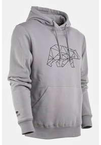 Graue Kapuzenjacke mit einem geometrischen Bärenmotiv in Schwarz, Kapuze mit Zugkordel, vordere Kängurutasche und gerippte Bündchen und Saum.
