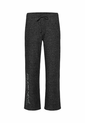 Dark gray cropped sweatpants with a soft texture, elastic waistband, and drawstring tie. Features white script text along the left leg.