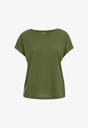 Haut vert olive à manches courtes avec un motif chevron texturé et une coupe décontractée. Comprend un col rond et des manches légèrement retroussées.