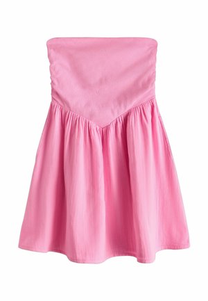 Rochie roz fără bretele, cu talie strânsă și fustă evazată, realizată dintr-un material ușor și un corset neted.