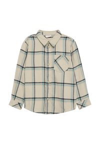 Beige flanellen shirt met een blauw en zwart ruitpatroon, lange mouwen, knoopsluiting aan de voorkant, kraag en een enkele borstzak.