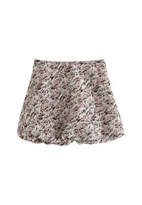 Gonna mini testurizzata floreale con orlo scallop, caratterizzata da motivi astratti rosa, neri e bianchi su tessuto leggero.