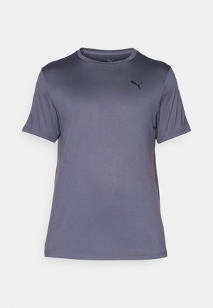 Pilkas trumpas rankovėmis marškinėliai, pagaminti iš lygios, lengvos medžiagos. Turi apvalią iškirptę ir subtilų juodą logotipą kairėje krūtinės pusėje.