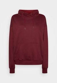 Sudadera burdeos con cuello con cordón, bolsillo frontal tipo canguro y puños acanalados. Tejido suave con una textura lisa y un ajuste holgado.