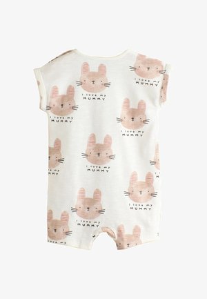 Kurze Ärmel Baby-Body aus weicher Baumwolle, mit einem cremefarbenen Hintergrund und einem wiederholten pinken Kaninchenmuster sowie dem Text "Ich liebe meine MUMMY."