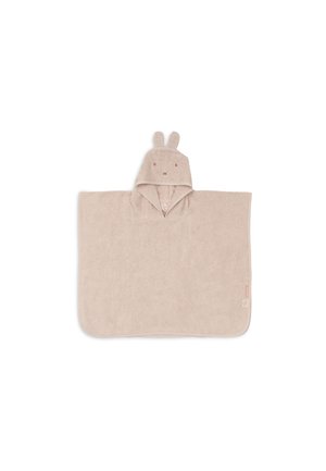 Poncho serviette pour bébé beige à capuche avec oreilles de lapin et détails de visage brodés sur la capuche, en tissu éponge doux.