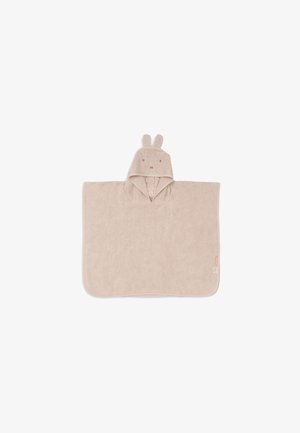 Poncho serviette pour bébé beige à capuche avec oreilles de lapin et détails de visage brodés sur la capuche, en tissu éponge doux.
