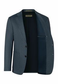 Herrenblazer aus strukturiertem dunkelblauem Stoff, einreihig mit drei Knöpfen, zwei Fronttaschen und einer marineblauen Innenfarbe.