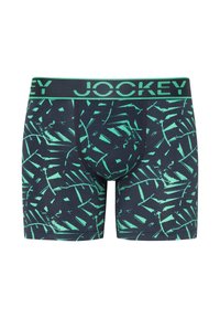 Marineblauwe boxershorts met een groen geometrisch patroon en een elastische tailleband met het "JOCKEY" merklogo in vette letters.