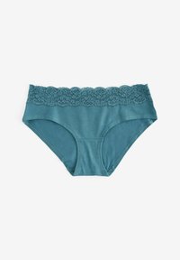 Teal blue naisten alusvaatteet, joissa on pitsireunus, pehmeä puuvillakappale, briefs-tyyli, joka tarjoaa täydellistä peittävyyttä, sekä sileä rakenne.