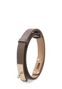Brown textured leather bracelet with gold-tone hardware, slim design, adjustable with a clasp, featuring a sleek finish and visible stitching.