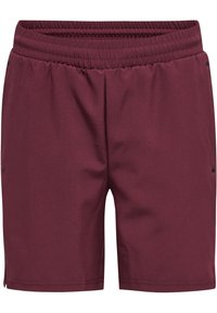 Burgunderfarbene Shorts mit elastischem Bund, glatter Textur und kleinen seitlichen Schlitzen. Mit minimalen schwarzen Akzenten nahe dem Saum.