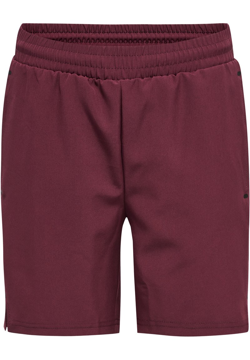 Burgunderfarbene Shorts mit elastischem Bund, glatter Textur und kleinen seitlichen Schlitzen. Mit minimalen schwarzen Akzenten nahe dem Saum.