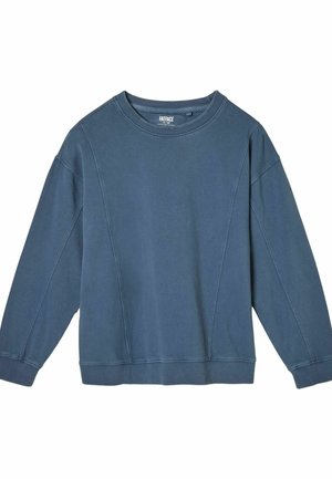 Blauer Pullover mit langen Ärmeln, Rundhalsausschnitt, gerippten Bündchen und Saum. Weiche Textur mit Nahtakzenten auf der Vorder- und Rückseite.