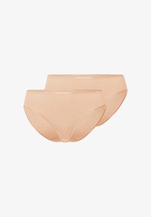 Two beige seamless cotton briefs with a mid-rise waist and elastic trim, displayed side by side on a white background.