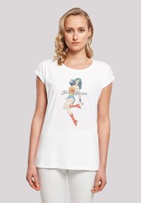 White cotton t-shirt with rolled sleeves featuring a colorful graphic of Wonder Woman in a heroic pose and red boots.
