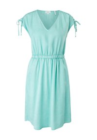 Robe bleu clair jusqu'au genou avec décolleté en V, taille élastique, manches courtes froncées nouées avec des nœuds.