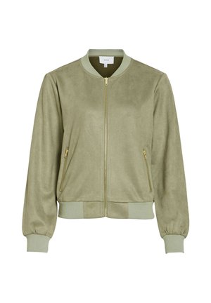 Veste bomber vert olive en matière douce imitant le daim, dotée d'une fermeture éclair frontale, de deux poches latérales zippées et de poignets et ourlet côtelés.