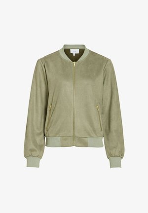 Olivově zelená bomber bunda vyrobená z měkkého semišového materiálu, s předním zipem, dvěma bočními kapsami na zip a žebrovanými manžetami a lemem.