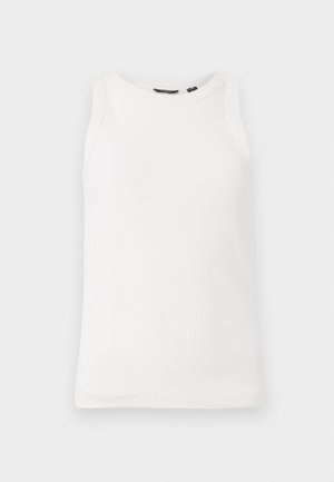White ribbed tank top, featuring a round neck and sleeveless design. Smooth texture and fitted silhouette, ideal for layering.