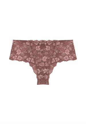 Spitzen-String in Mauve mit floralen Mustern, geschwungenen Kanten und transparentem Material. Besondere Merkmale sind filigrane Details und ein V-förmiges Design.