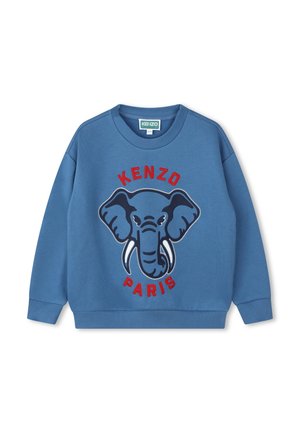 Sweat-shirt bleu avec un graphique d'éléphant, comportant "KENZO PARIS" en lettres rouges et bleu marine. Fabriqué en tissu doux et texturé.