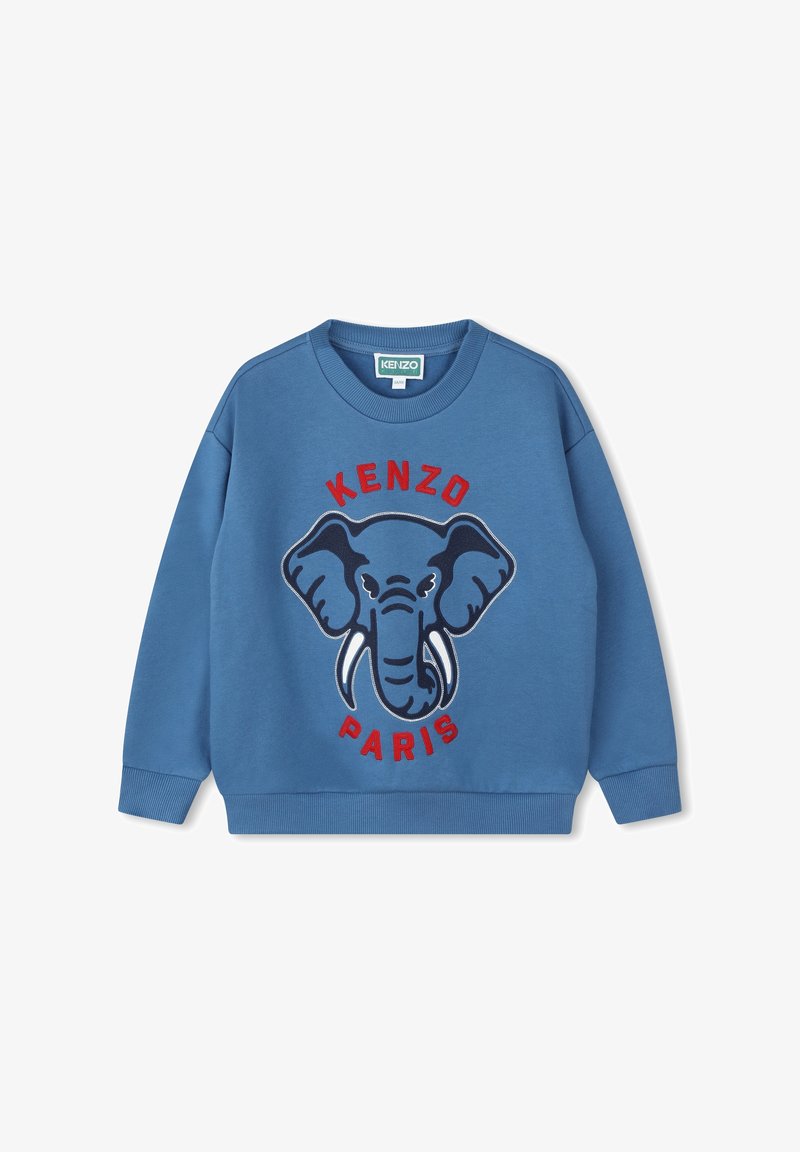 Sweat-shirt bleu avec un graphique d'éléphant, comportant "KENZO PARIS" en lettres rouges et bleu marine. Fabriqué en tissu doux et texturé.