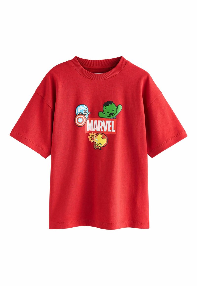 Červené bavlnené tričko s postavami z Marvelu: štít, Hulk a Iron Man. Krátke rukávy, okrúhly výstrih a hladký povrch.