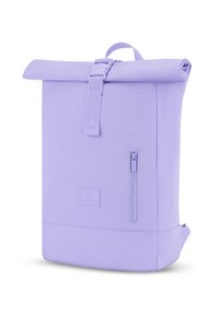 Hengeres hátizsák világos lila szövetből, elülső cipzáras zsebbel, állítható pánttal és felső fogantyúval a könnyű hordozhatóság érdekében.