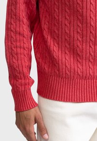 Pull rouge en maille torsadée avec poignets et ourlet côtelés. Présente des motifs texturés, un tissu doux et une coupe ajustée. Porté sur un pantalon de couleur claire.