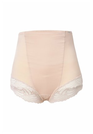 Beige hoge taille slip met kanten rand. Gladde stof met een zachte textuur. Kant heeft bloemmotieven langs de randen.