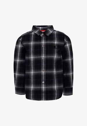 Zwart-witte geruite flanellen blouse met blauwe accenten, lange mouwen, knoopsluiting en een patchlogo op de borst. Zachte, gestructureerde stof.