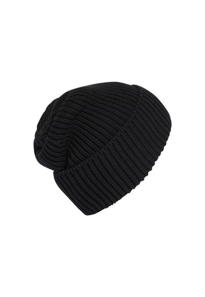 Melna adīta beanie cepure ar ribotu tekstūru, ar brīvu dizainu un mīkstu, stiepjamu audumu komfortam.