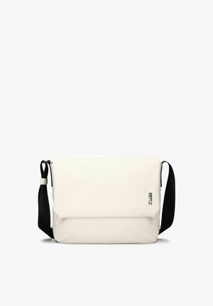 Borsa messenger rettangolare color crema con chiusura a patta e tracolla nera regolabile, piccolo logo "Iam2" sulla patta anteriore.