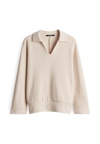 Beige Pullover mit langen Ärmeln, weitem Kragen und V-Ausschnitt, mit einer entspannten Passform und geripptem Bund.