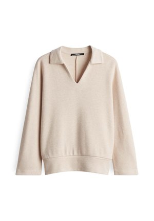Maglione beige a maniche lunghe con ampio colletto e scollatura a V, caratterizzato da una vestibilità rilassata e orlo a coste.