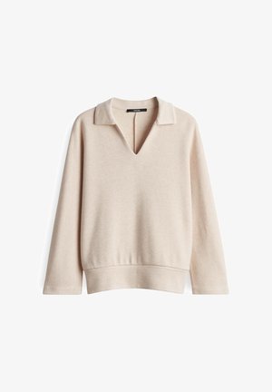 Maglione beige a maniche lunghe con ampio colletto e scollatura a V, caratterizzato da una vestibilità rilassata e orlo a coste.