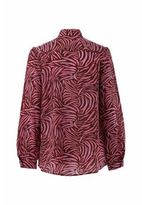 Camicia a maniche lunghe di colore bordeaux con motivo a spirale rosa. Tessuto leggero, caratterizzata da un colletto e polsini con bottoni, texture liscia.